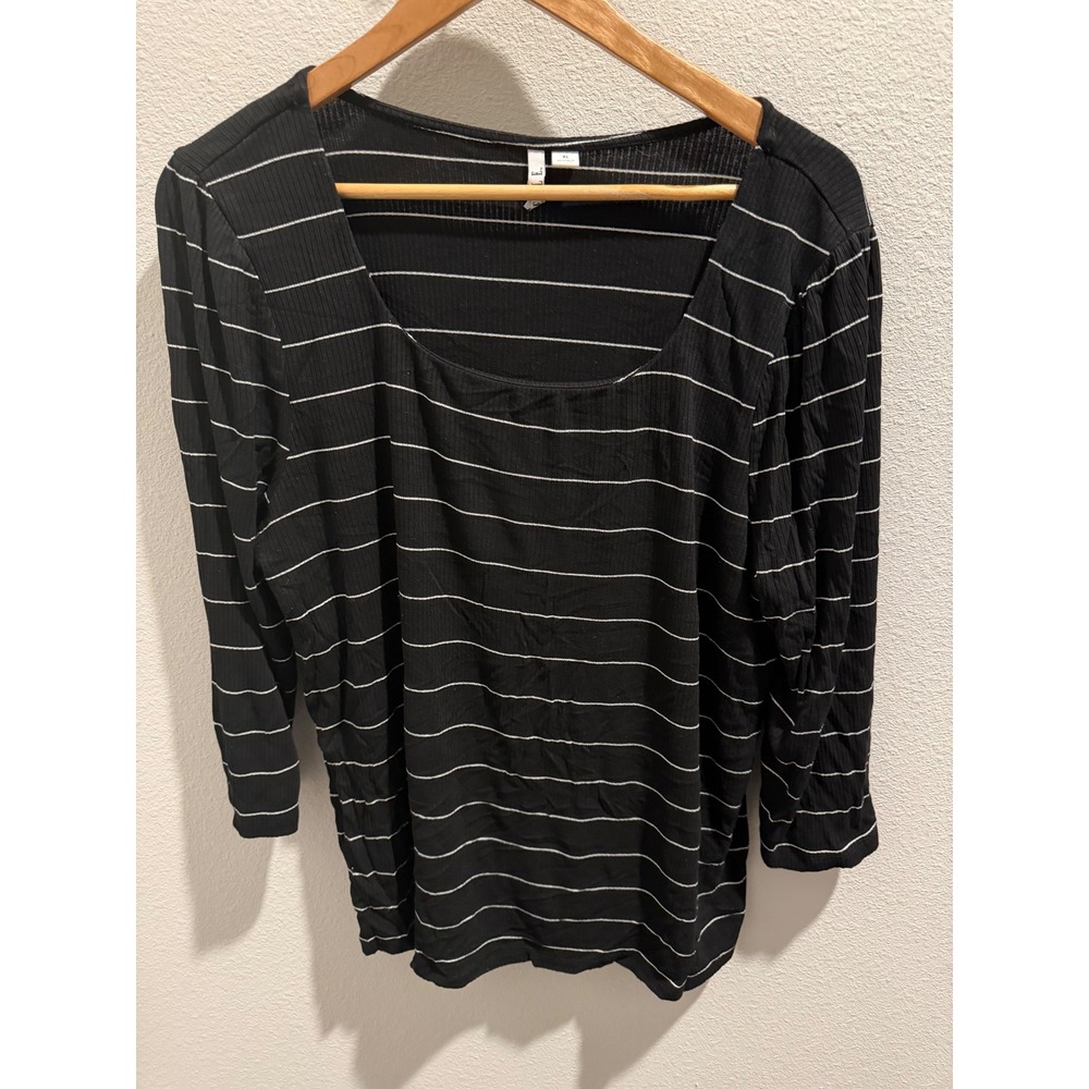 Elle Ribbed Stripe Scoop Neck Top Black White 3/4 Sleeve XL